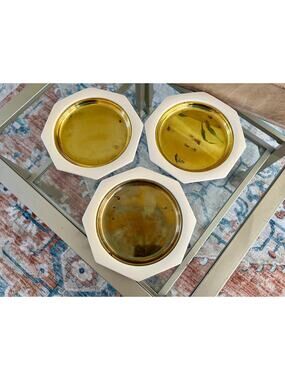 Vintage Made in Italy Brass Plates with Cream Octagon Frame, Set Of 3, MCM